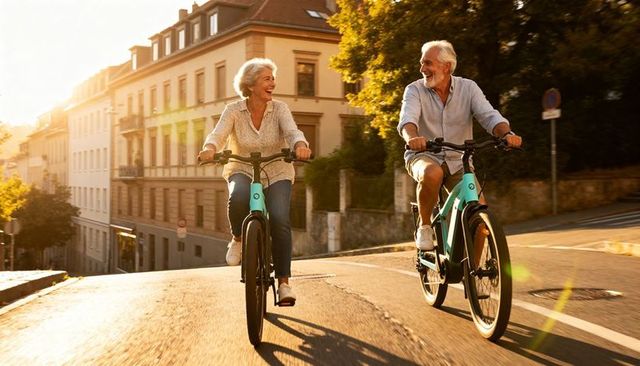 Golden hour senior couple riding turquoise e-bikes through charming european urban street