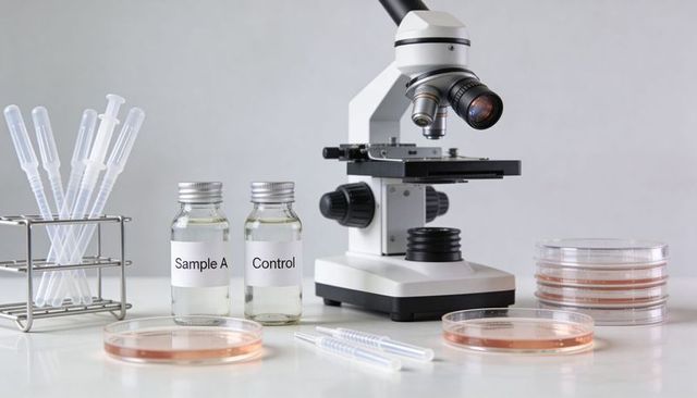 Microscope with Labeled Sample and Control Vials, Petri Dishes and Pipettes on Lab Bench