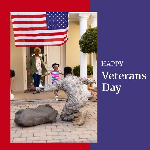 Composition of happy veterans day text over african american male soldier with family. Veterans day and celebration concept digitally generated image.