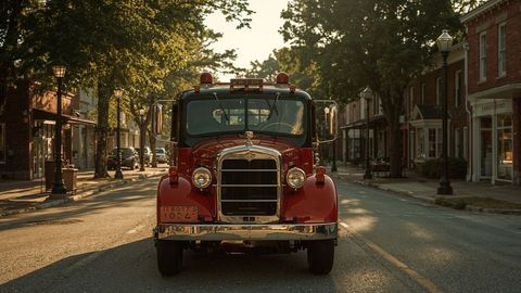 Vintage red fire truck on quiet historic street