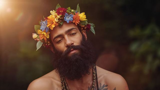 Bearded man wearing colorful floral crown and beaded necklaces, boho tattooed portrait