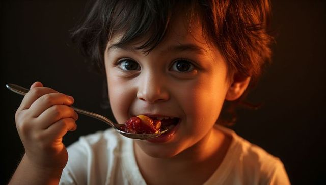 Warm rimlight child eating spoonful of fruit dessert, intimate close-up portrait