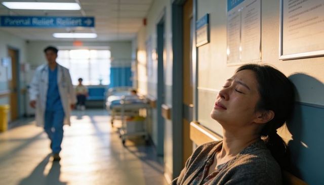 Overwhelmed woman crying in hospital corridor, leaning against wall while doctor walks past