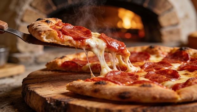 Pulling melting mozzarella pepperoni pizza slice from wood-fired brick oven, cheesepull