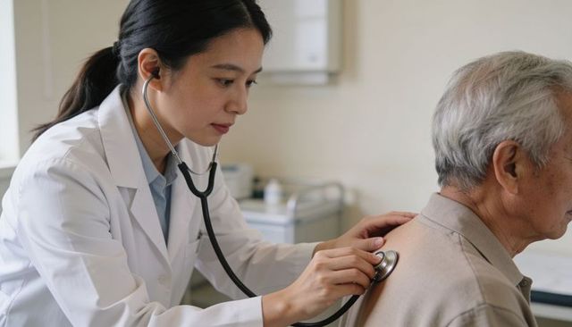 Female physician listening to elderly patient back with stethoscope during routine checkup