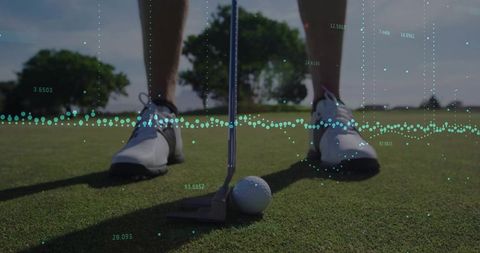 Golfer Aiming Putt on Green with Digital Analytics Overlay