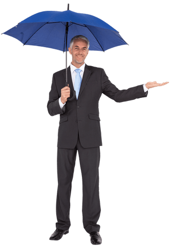 Transparent Background Businessman Holding Blue Umbrella Outdoors