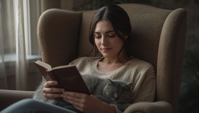 Woman reading in wingback armchair with sleeping grey cat on lap, cozy daylight scene