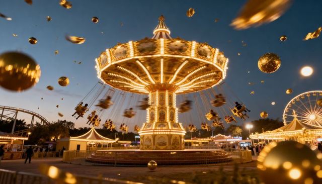Golden swing carousel rotating at dusk with ferris wheel and shimmering bokeh lights