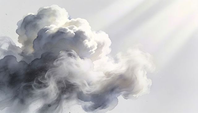 Ethereal watercolor cloudscape with sunlight rays and wispy inkwash mist, muted neutrals