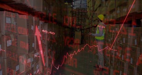 Warehouse operator using tablet overlaid with stock chart
