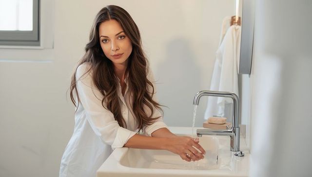 Woman washing hands leisurely in modern bathroom
