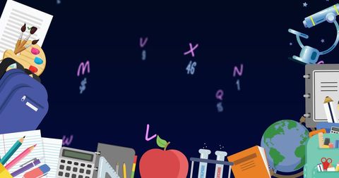 Illustration of school supplies with floating alphabets and numbers
