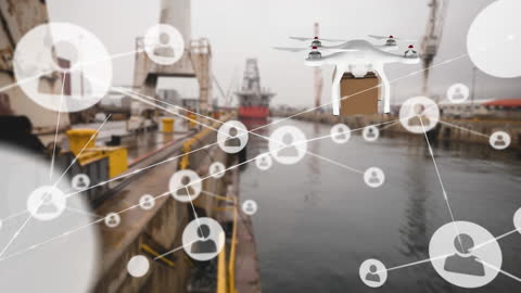 Drone Delivering Box with Networking Icons Over Industrial Port