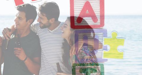 Friends Enjoying Beach Vacation with Drinks and Laughter