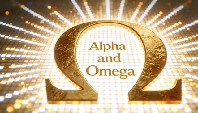Golden omega emblem glowing on led mosaic panel featuring alpha and omega typography