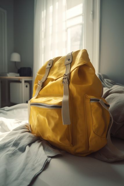 Bright yellow backpack on unmade bed suggests readiness for travel or adventure. Ideal for themes related to travel, home life, casual living, interior design in modern homes. Use to emphasize travel preparations, relaxed weekends or early mornings. Highlights natural light and peaceful atmosphere.