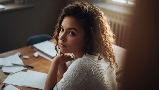 Curly-haired young woman studying in sunlit home office, looking over shoulder