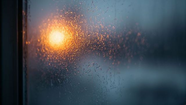 Dewy window at dusk with amber bokeh glow, condensation droplets and frosted texture