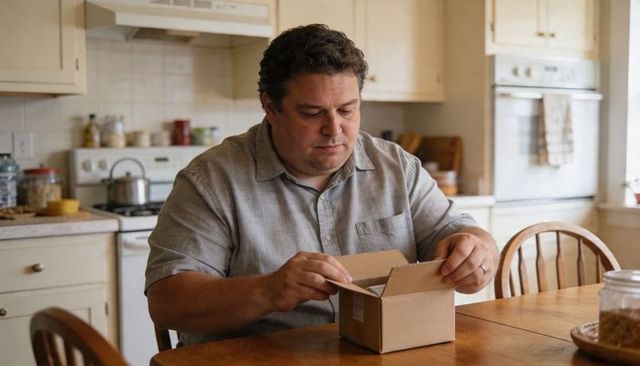 Middle-aged man opening small shipping box at sunlit wooden kitchen table, morning unboxing