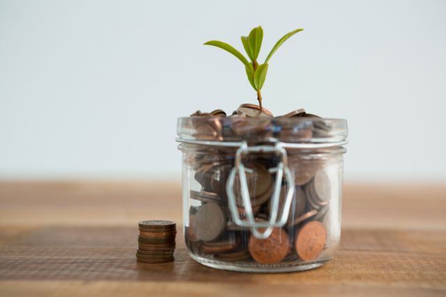 Plant growing out of coins jar against white background