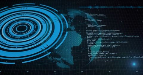 Dotted Globe HUD with Concentric Rings and Code Overlay for Cybersecurity Visualization