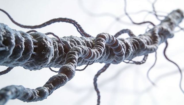 Twisting beaded fiber strand under microscope revealing textured nodes and granular surface