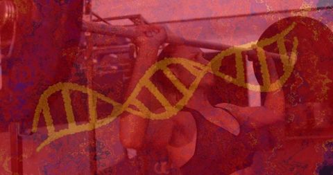 Female athlete gripping pull-up bar pulling up with dna helix overlay conveying strength