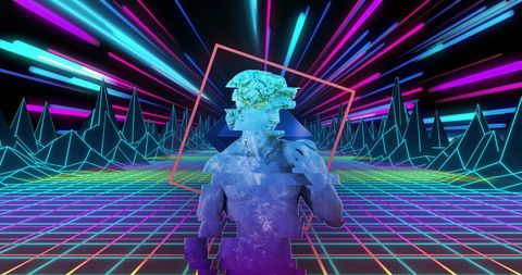 Classic Statue in Neon Digital Landscape with Colorful Beams - Download Free Stock Images Pikwizard.com