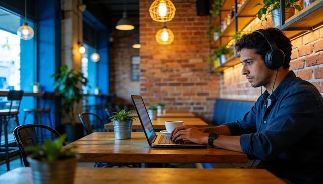 Remote professional working on laptop in rustic cafe with headphones and coffee