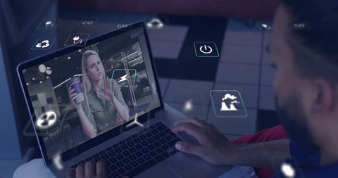 Man video calling woman holding coffee with holographic icons augmented reality