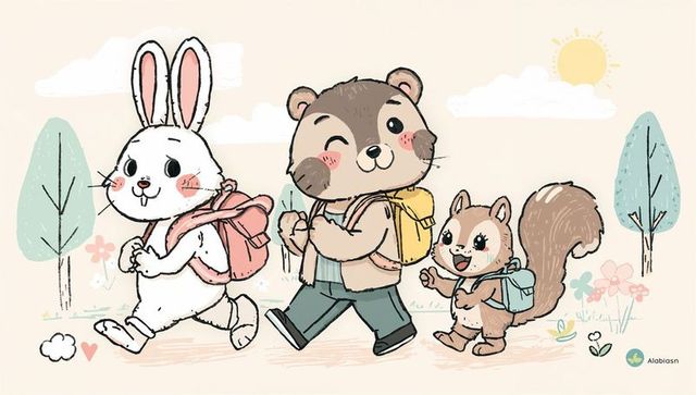 Whimsical animal friends on sunny forest adventure