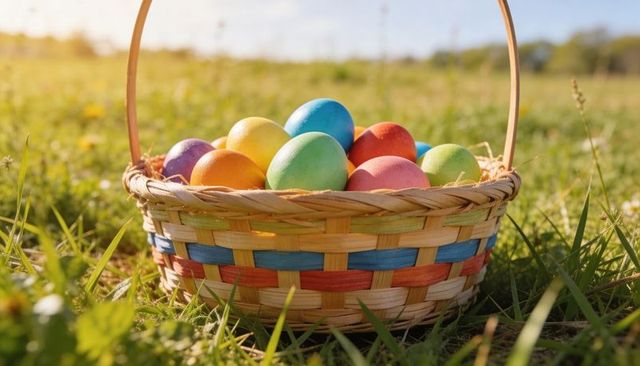 Colorful easter eggs resting in woven basket on grassy field at golden hour