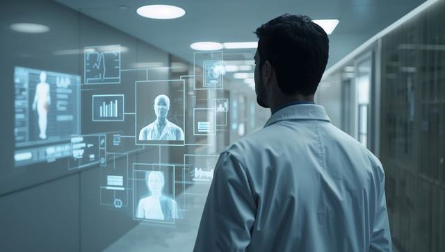 Male doctor in white coat reviewing holographic medical displays in futuristic corridor