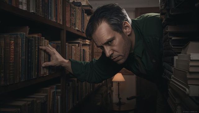 Middle-aged man reaching through narrow bookshelf in dim private library alcove, focused