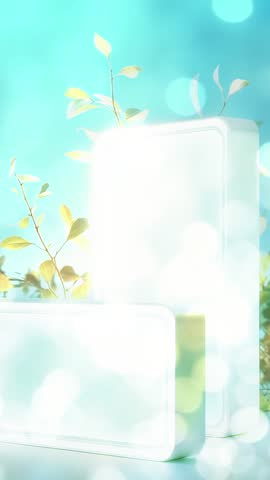 Vertical video showcasing glowing white podiums with drifting bokeh and delicate leafy branches