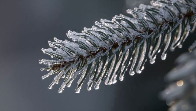 Frosted fir needle close-up with crystalline icicles and rimlight winter macro
