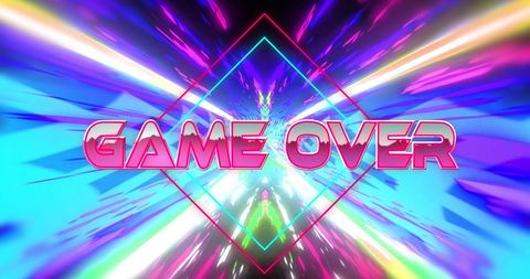 Retro game over screen with neon lights and light trails