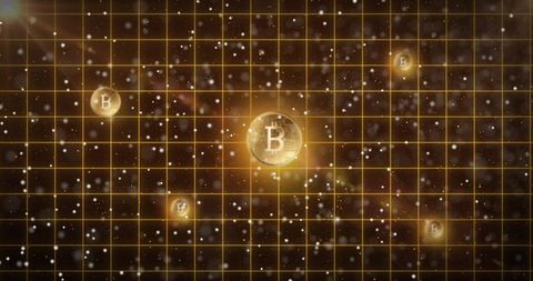 Digital Cryptocurrency Blockchain with Bitcoin Symbols and Binary Grid