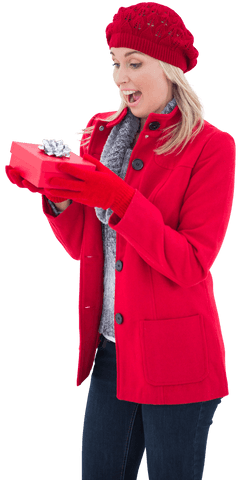 Excited Woman in Red Winter Outfit Holding Christmas Gift Transparent