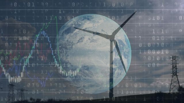 Visual representation of the intersection between global finance and sustainability. Ideal for articles, presentations, and reports on renewable energy, ecological economy, green investments, and environmental technology advancements. Useful for illustrating concepts in sustainable development, global finance strategies, and data-driven environmental solutions.