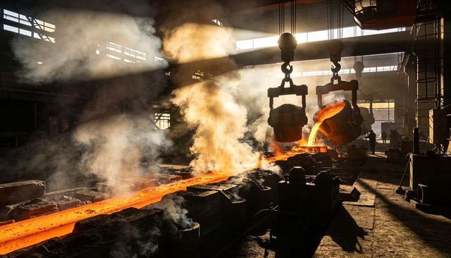 Pouring molten metal in industrial foundry with overhead cranes, silhouetted workers