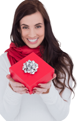 happy brunette woman holding transparent red gift box with bow - Download Free Stock Videos Pikwizard.com