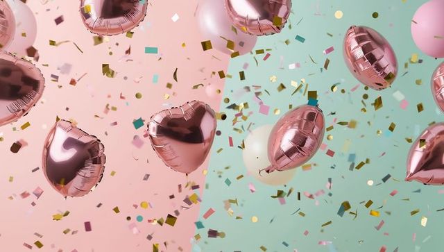 Rose gold heart balloons floating with confetti on split blush and mint backdrop
