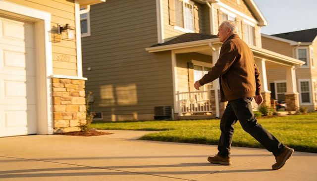 Senior man walking across driveway in sunlit suburban neighborhood wearing brown jacket