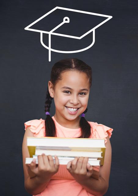 Young girl with pigtails smiling while holding a stack of books, with a digital illustration of a graduation cap above her head. Ideal for educational materials, school promotions, academic success stories, and children's learning resources.