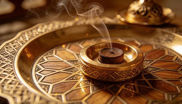 Ornate brass censer smoldering with thin smoke on geometric inlaid tray, filigree glow