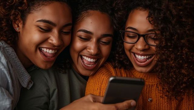 Three friends laughing and sharing smartphone while leaning close, warm cozy bonding