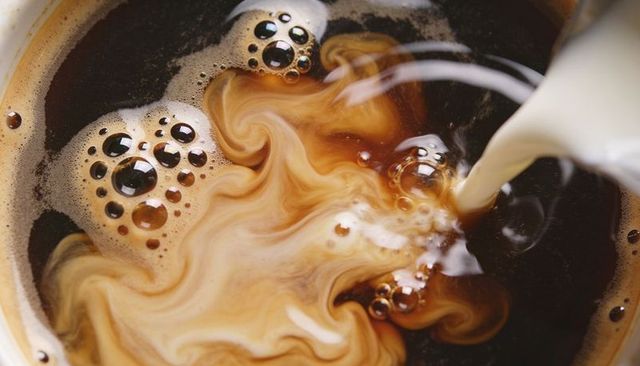 Pouring cream into black coffee creating golden marbled swirls and glossy foam closeup
