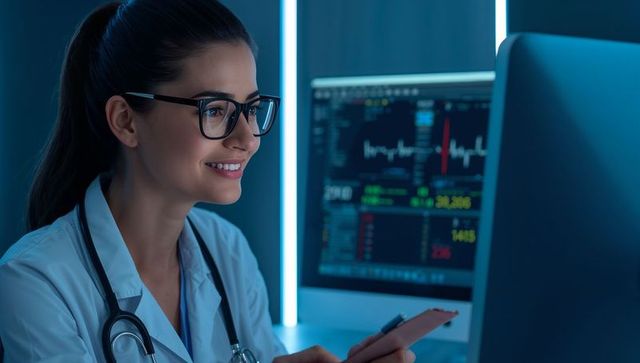 Female doctor monitoring cardiac ecg on monitor while using tablet in blue clinical room